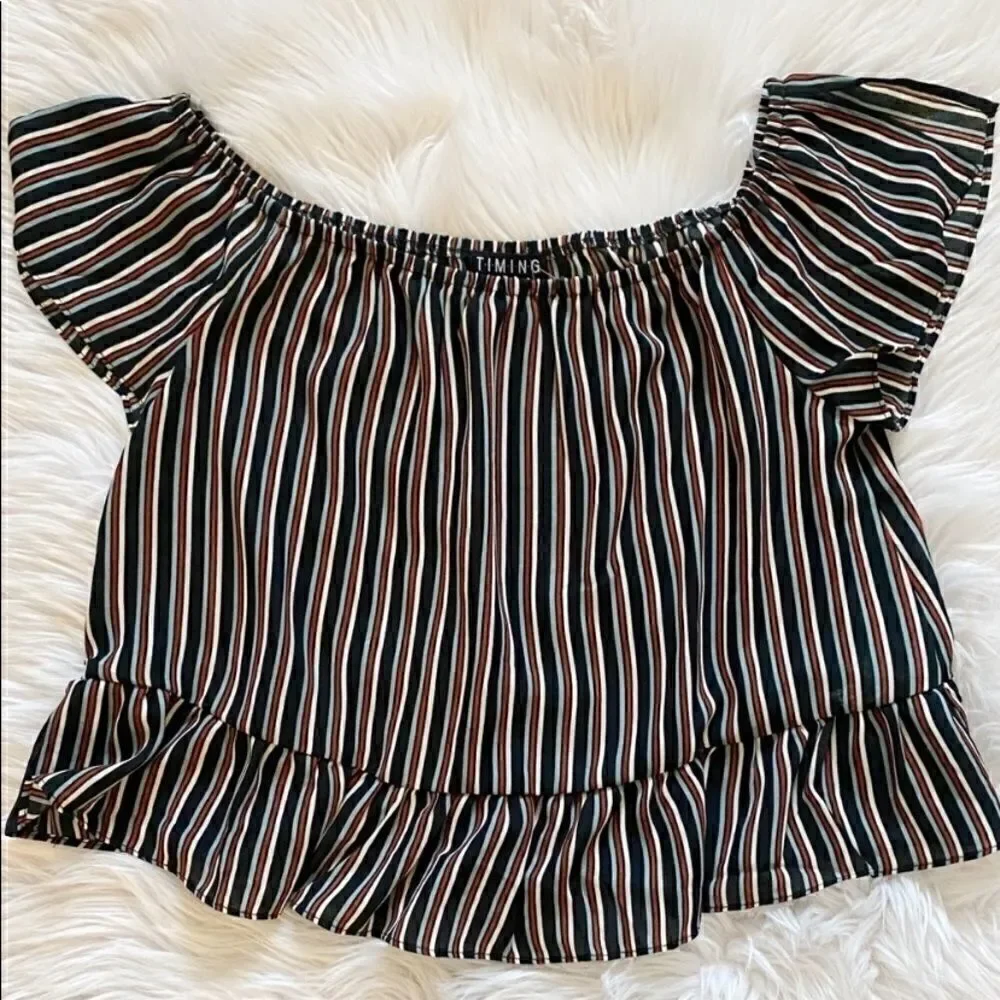 🌲 Timing Striped Off The Shoulder Top Blue White Large